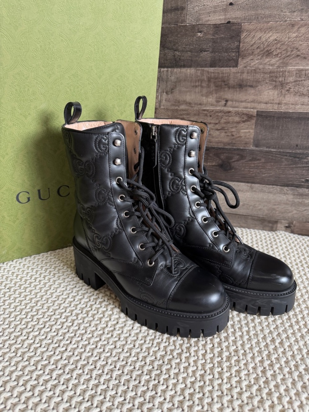 Gucci Black Cordovan Luxe Embossed Leather Lug Sole Combat Boots